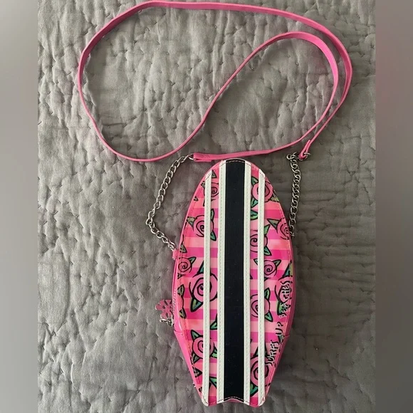 Betsey Johnson Surfs Up Pink Surfboard Crossbody Bag Zippered Silver Tropical - Picture 1 of 9
